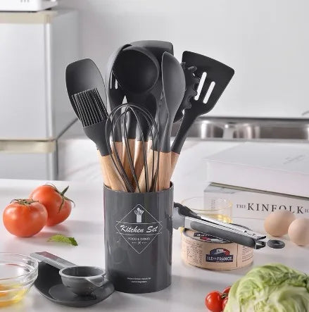 Kit de Colher de Silicone para Cozinha, BPA Antiferrugem, Conjunto de Utensílios de Cozinha de Madeira, 12 Peças