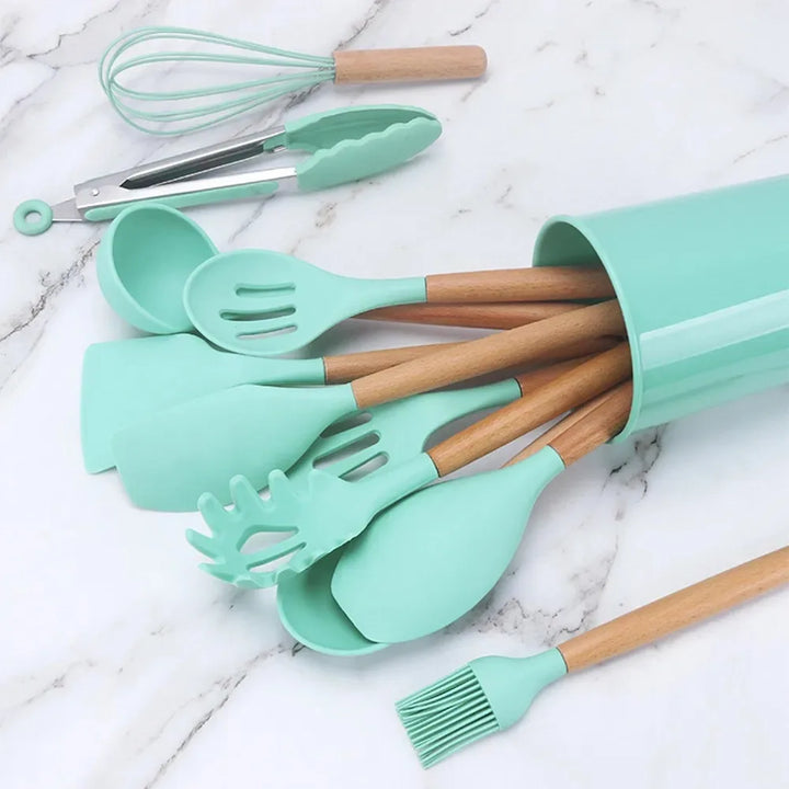 Kit de Colher de Silicone para Cozinha, BPA Antiferrugem, Conjunto de Utensílios de Cozinha de Madeira, 12 Peças