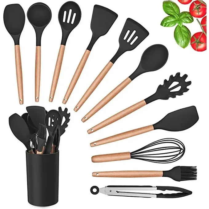 Kit de Colher de Silicone para Cozinha, BPA Antiferrugem, Conjunto de Utensílios de Cozinha de Madeira, 12 Peças