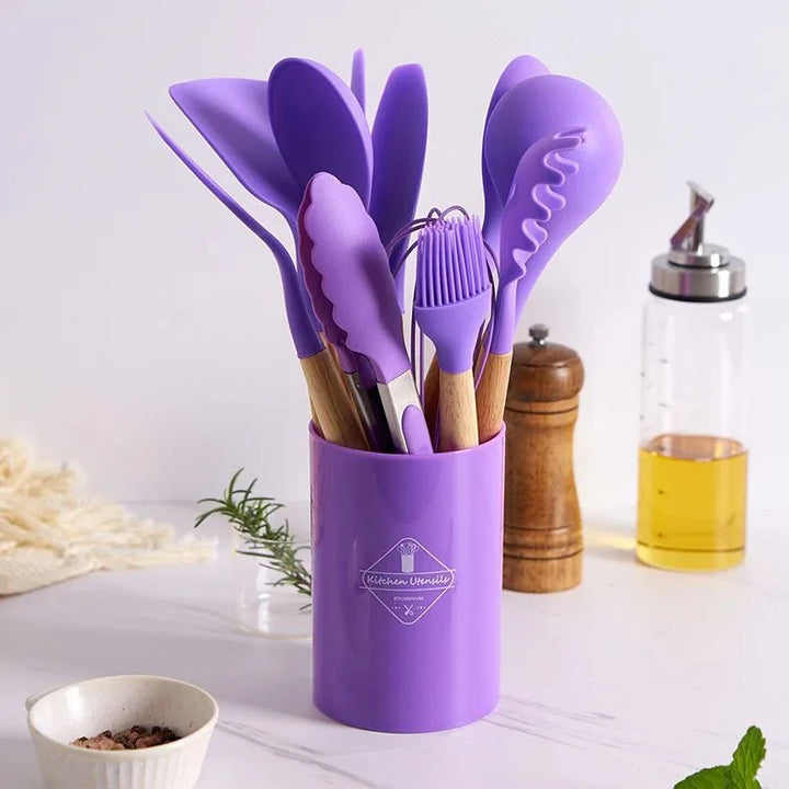 Kit de Colher de Silicone para Cozinha, BPA Antiferrugem, Conjunto de Utensílios de Cozinha de Madeira, 12 Peças