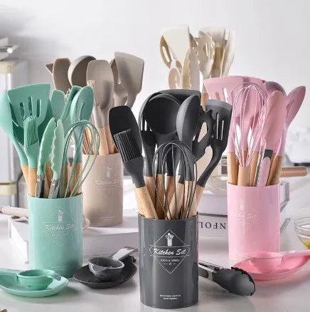 Kit de Colher de Silicone para Cozinha, BPA Antiferrugem, Conjunto de Utensílios de Cozinha de Madeira, 12 Peças