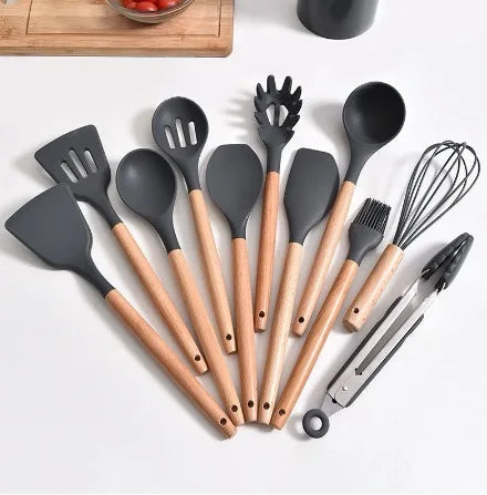 Kit de Colher de Silicone para Cozinha, BPA Antiferrugem, Conjunto de Utensílios de Cozinha de Madeira, 12 Peças