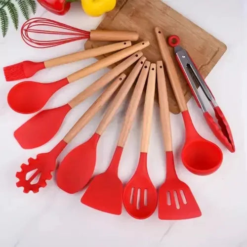 Kit de Colher de Silicone para Cozinha, BPA Antiferrugem, Conjunto de Utensílios de Cozinha de Madeira, 12 Peças