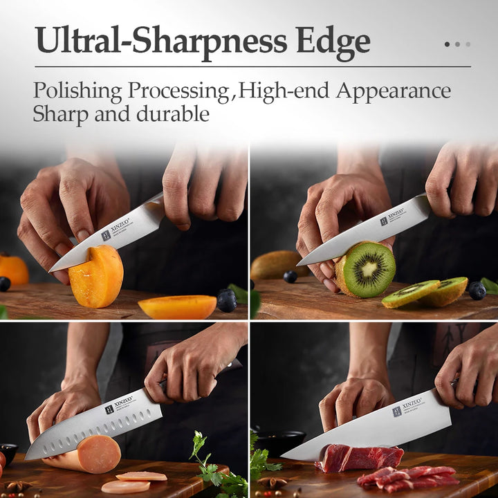 XINZUO 7PCS Conjunto de facas de cozinha forjadas alemãs 1.4116 Aço inoxidável Afiado Chef Santoku Cutelo Tesoura de cozinha Conjunto de ferramentas