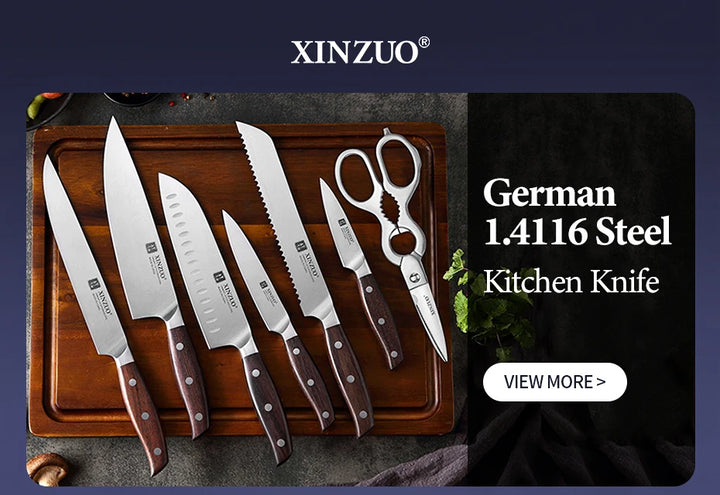 XINZUO 7PCS Conjunto de facas de cozinha forjadas alemãs 1.4116 Aço inoxidável Afiado Chef Santoku Cutelo Tesoura de cozinha Conjunto de ferramentas