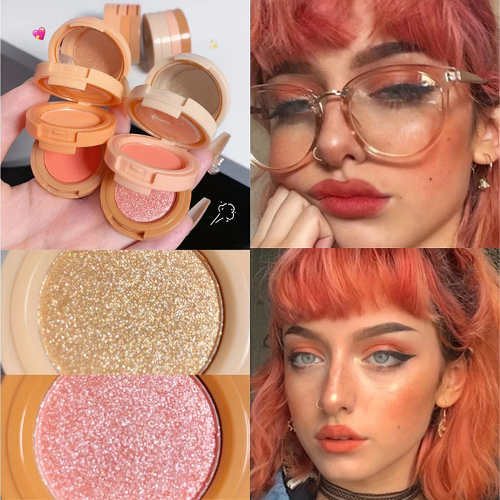 Paleta de maquiagem 3 em 1, textura fosca e perolada, blush com glitter, iluminador, contorno, paleta de 3 camadas