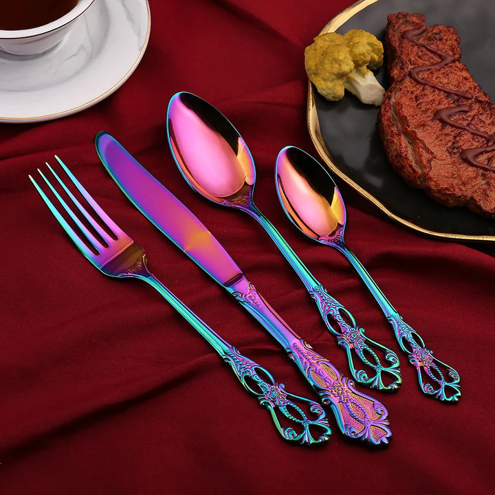 Conjunto de talheres de aço inoxidável dourado Royal European Colher Garfo Talheres completos Design retrô Lavável na máquina de lavar louça Talheres elegantes