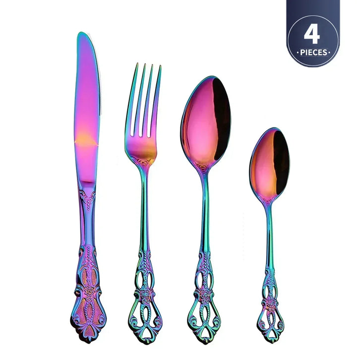 Conjunto de talheres de aço inoxidável dourado Royal European Colher Garfo Talheres completos Design retrô Lavável na máquina de lavar louça Talheres elegantes
