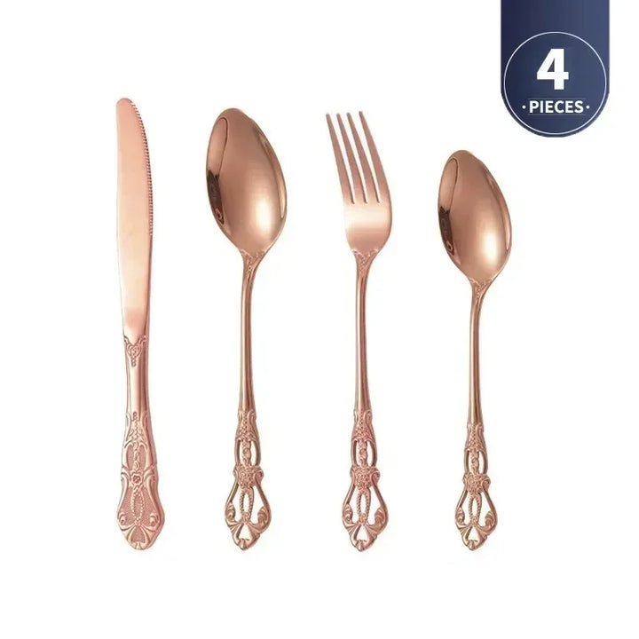Conjunto de talheres de aço inoxidável dourado Royal European Colher Garfo Talheres completos Design retrô Lavável na máquina de lavar louça Talheres elegantes