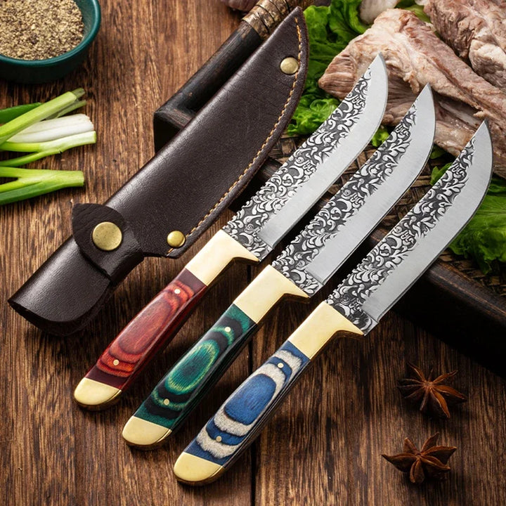 Faca de cutelo de carne de desossa forjada Faca de aço inoxidável Cozinha mongol Mão Faca de frutas Faca de bife de cordeiro assado com tampa
