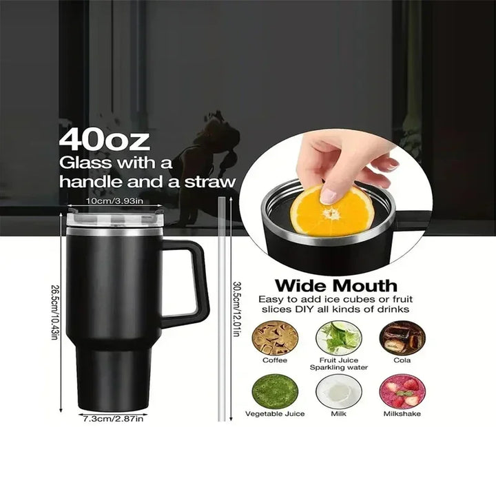 Garrafa de água de aço inoxidável de 40 onças, caneca de café para carro, copo personalizado com tampa de alça, canudo, copo térmico a vácuo