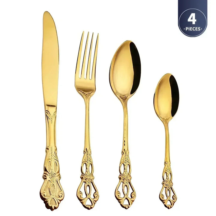Conjunto de talheres de aço inoxidável dourado Royal European Colher Garfo Talheres completos Design retrô Lavável na máquina de lavar louça Talheres elegantes