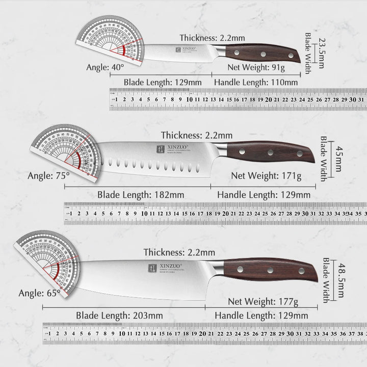 XINZUO 7PCS Conjunto de facas de cozinha forjadas alemãs 1.4116 Aço inoxidável Afiado Chef Santoku Cutelo Tesoura de cozinha Conjunto de ferramentas