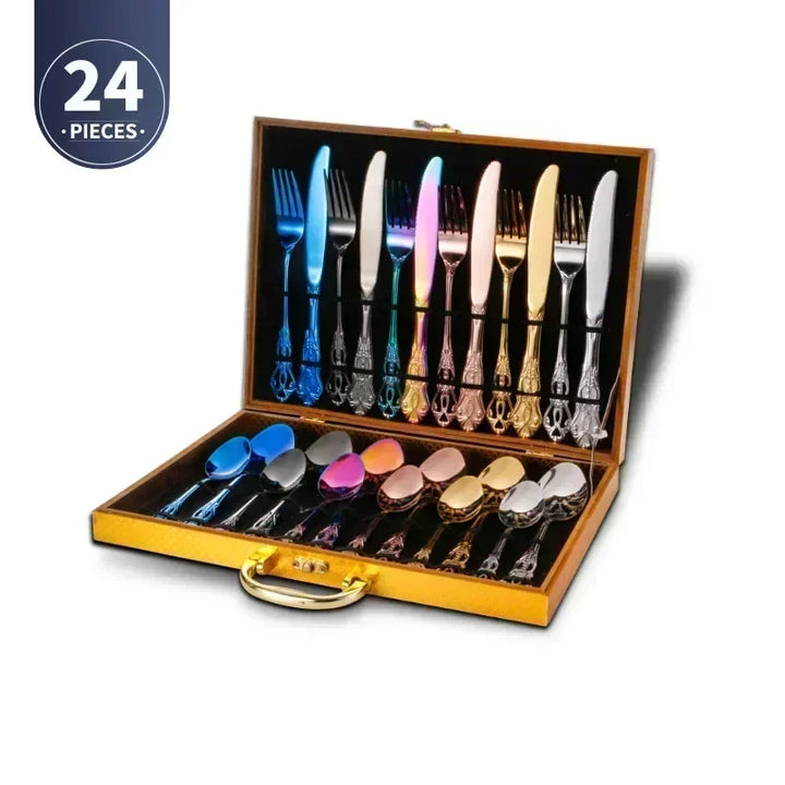 Conjunto de talheres de aço inoxidável dourado Royal European Colher Garfo Talheres completos Design retrô Lavável na máquina de lavar louça Talheres elegantes