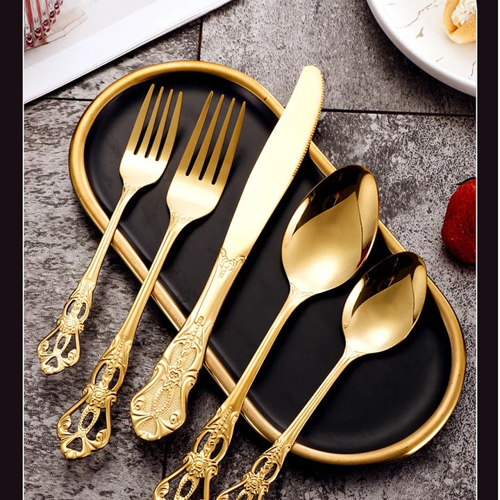 Conjunto de talheres de aço inoxidável dourado Royal European Colher Garfo Talheres completos Design retrô Lavável na máquina de lavar louça Talheres elegantes