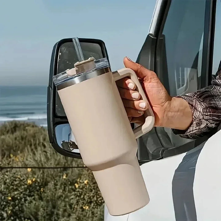 Garrafa de água de aço inoxidável de 40 onças, caneca de café para carro, copo personalizado com tampa de alça, canudo, copo térmico a vácuo