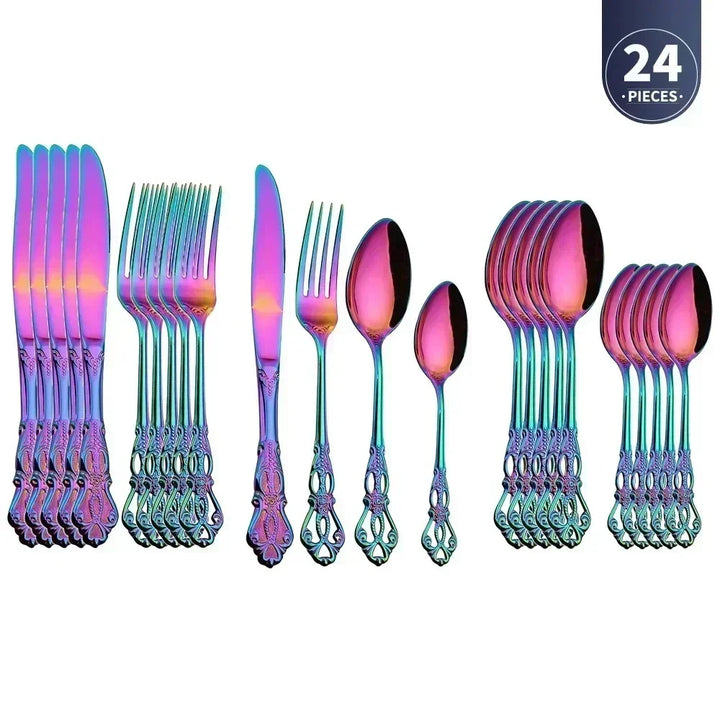 Conjunto de talheres de aço inoxidável dourado Royal European Colher Garfo Talheres completos Design retrô Lavável na máquina de lavar louça Talheres elegantes