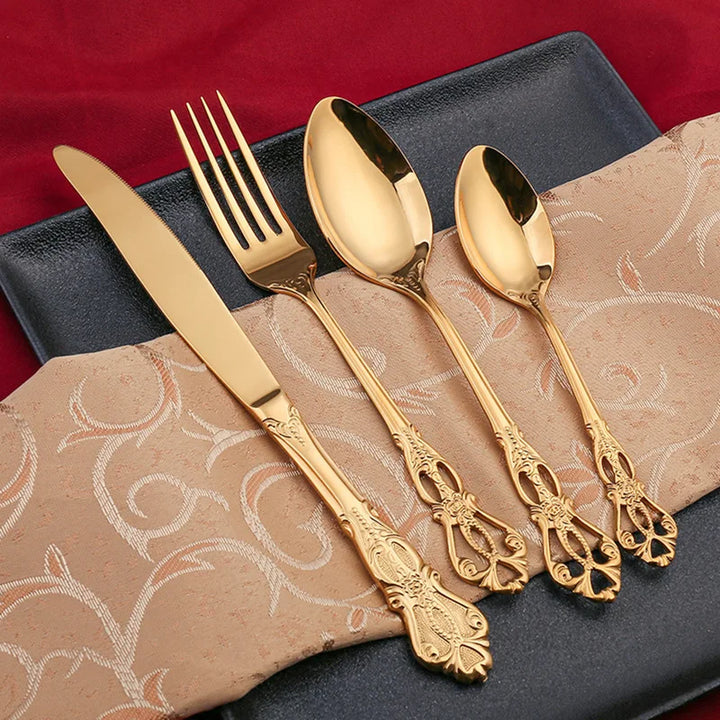 Conjunto de talheres de aço inoxidável dourado Royal European Colher Garfo Talheres completos Design retrô Lavável na máquina de lavar louça Talheres elegantes