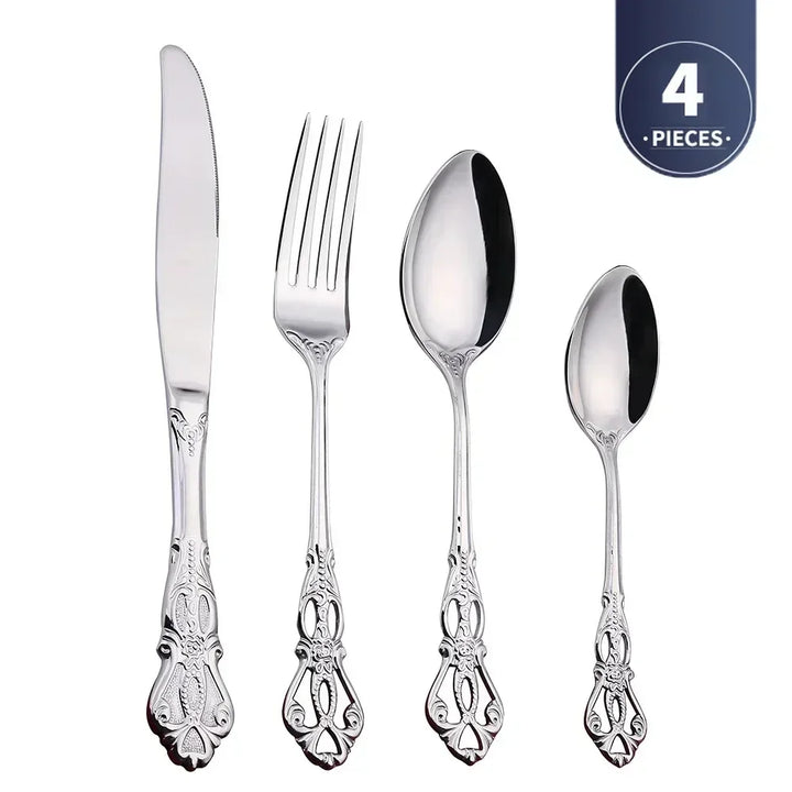 Conjunto de talheres de aço inoxidável dourado Royal European Colher Garfo Talheres completos Design retrô Lavável na máquina de lavar louça Talheres elegantes