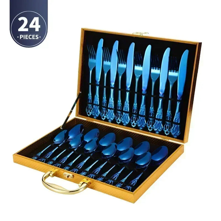 Conjunto de talheres de aço inoxidável dourado Royal European Colher Garfo Talheres completos Design retrô Lavável na máquina de lavar louça Talheres elegantes