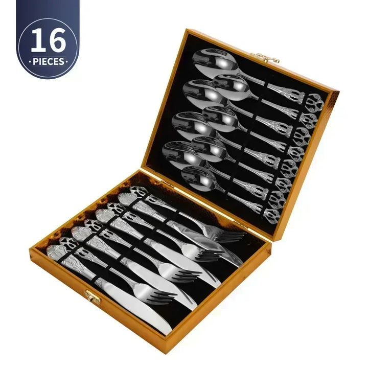 Conjunto de talheres de aço inoxidável dourado Royal European Colher Garfo Talheres completos Design retrô Lavável na máquina de lavar louça Talheres elegantes