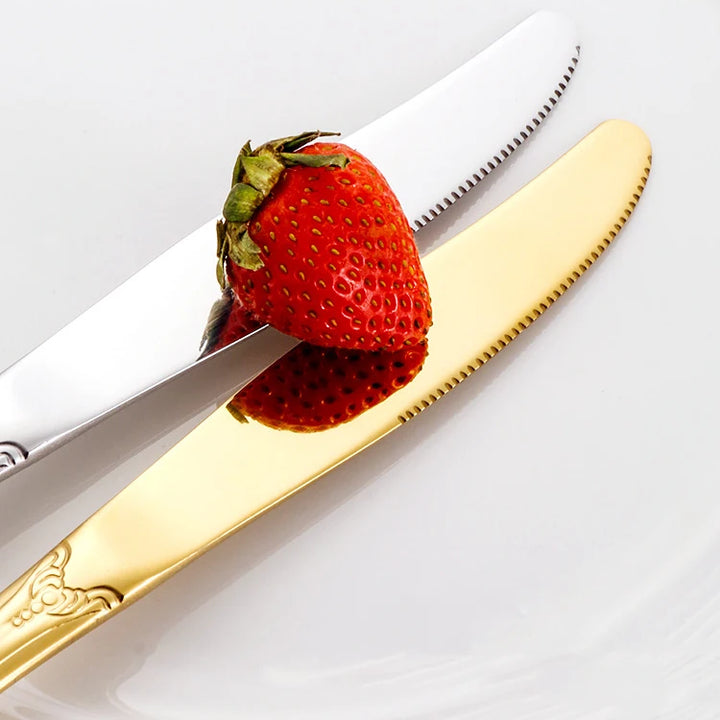 Conjunto de talheres de aço inoxidável dourado Royal European Colher Garfo Talheres completos Design retrô Lavável na máquina de lavar louça Talheres elegantes
