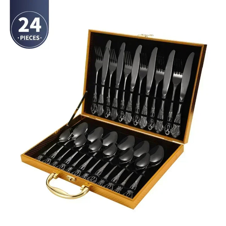 Conjunto de talheres de aço inoxidável dourado Royal European Colher Garfo Talheres completos Design retrô Lavável na máquina de lavar louça Talheres elegantes
