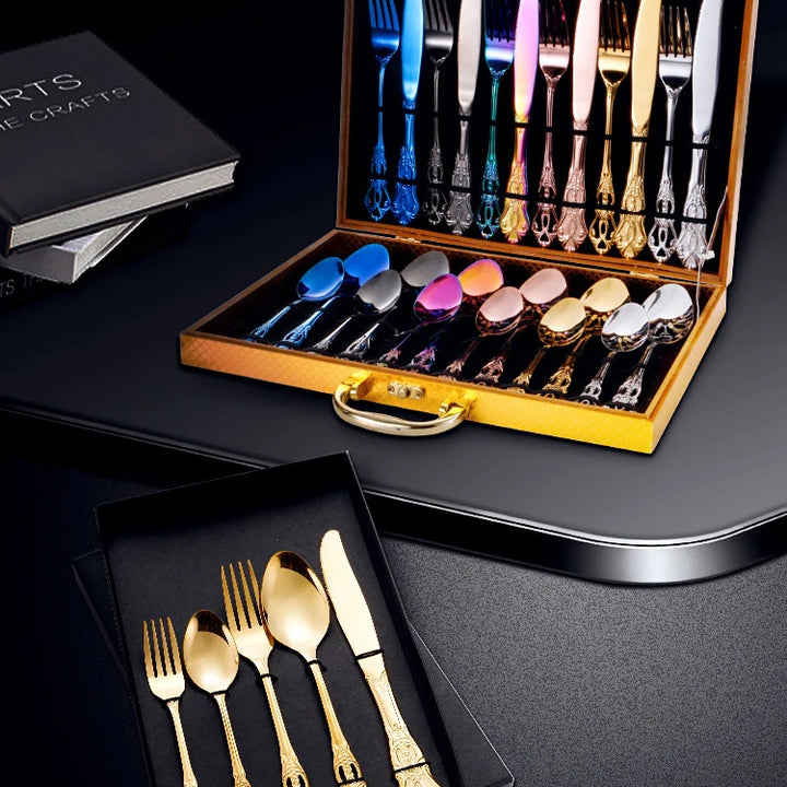 Conjunto de talheres de aço inoxidável dourado Royal European Colher Garfo Talheres completos Design retrô Lavável na máquina de lavar louça Talheres elegantes