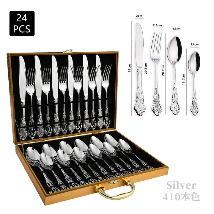 Conjunto de talheres de aço inoxidável dourado Royal European Colher Garfo Talheres completos Design retrô Lavável na máquina de lavar louça Talheres elegantes