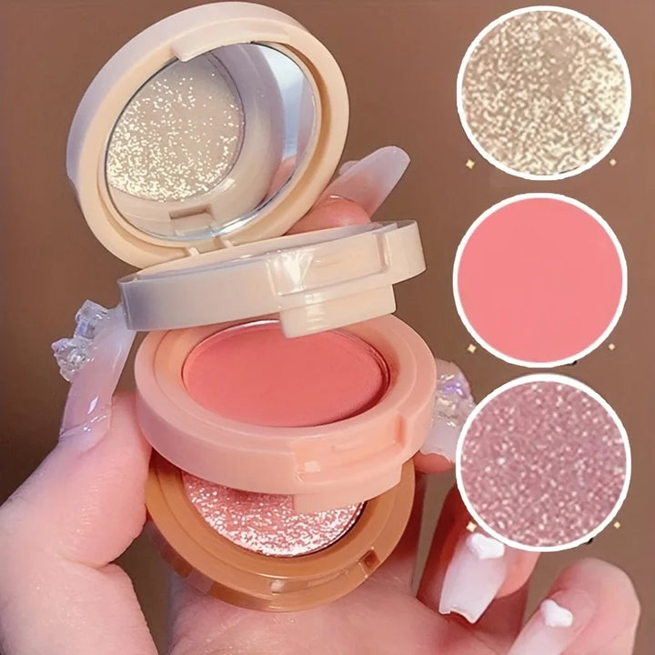 Paleta de maquiagem 3 em 1, textura fosca e perolada, blush com glitter, iluminador, contorno, paleta de 3 camadas