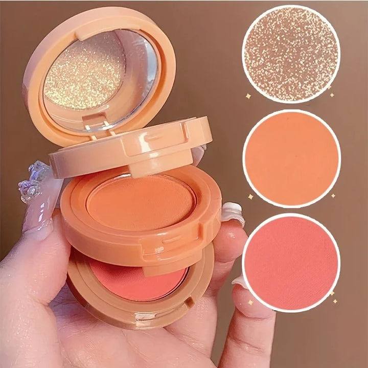 Paleta de maquiagem 3 em 1, textura fosca e perolada, blush com glitter, iluminador, contorno, paleta de 3 camadas