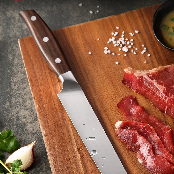 XINZUO 7PCS Conjunto de facas de cozinha forjadas alemãs 1.4116 Aço inoxidável Afiado Chef Santoku Cutelo Tesoura de cozinha Conjunto de ferramentas