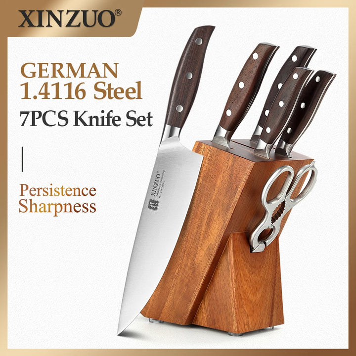 XINZUO 7PCS Conjunto de facas de cozinha forjadas alemãs 1.4116 Aço inoxidável Afiado Chef Santoku Cutelo Tesoura de cozinha Conjunto de ferramentas