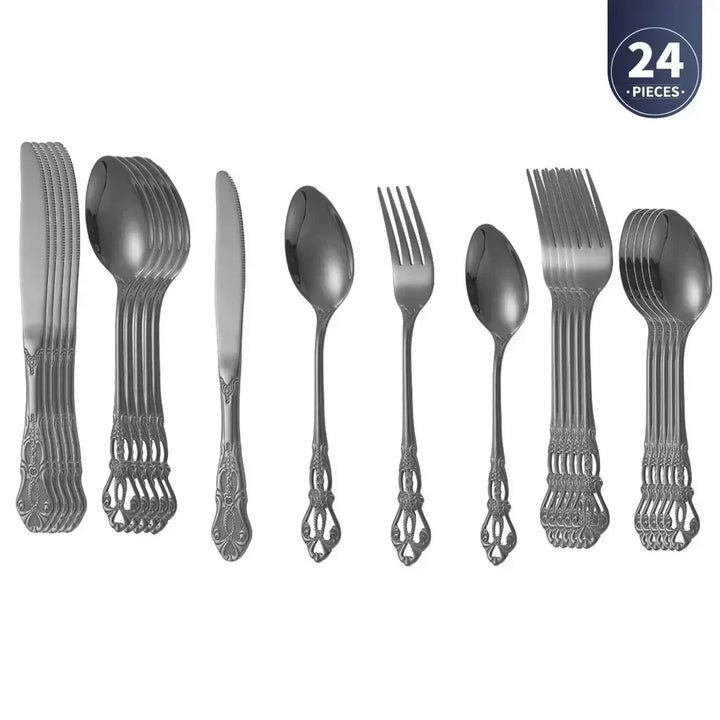 Conjunto de talheres de aço inoxidável dourado Royal European Colher Garfo Talheres completos Design retrô Lavável na máquina de lavar louça Talheres elegantes