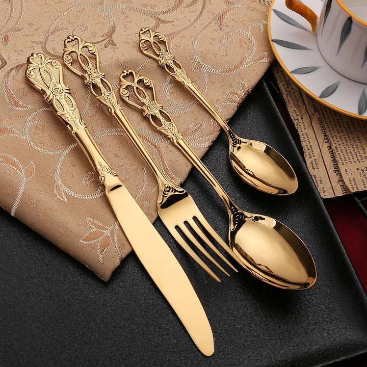 Conjunto de talheres de aço inoxidável dourado Royal European Colher Garfo Talheres completos Design retrô Lavável na máquina de lavar louça Talheres elegantes