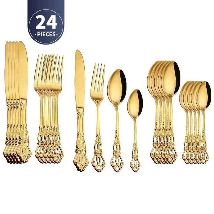Conjunto de talheres de aço inoxidável dourado Royal European Colher Garfo Talheres completos Design retrô Lavável na máquina de lavar louça Talheres elegantes