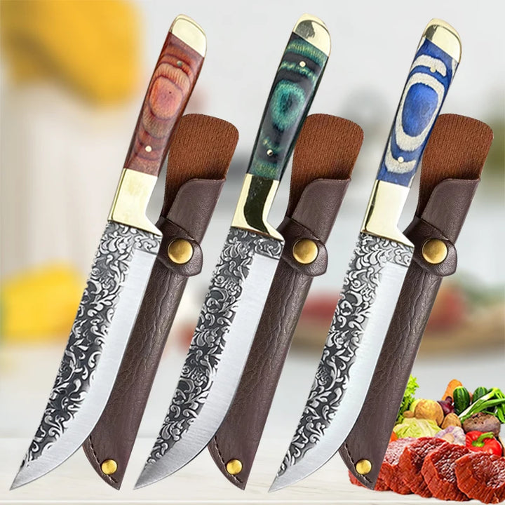 Faca de cutelo de carne de desossa forjada Faca de aço inoxidável Cozinha mongol Mão Faca de frutas Faca de bife de cordeiro assado com tampa