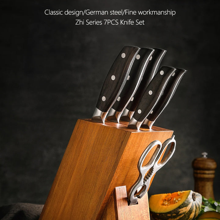 XINZUO 7PCS Conjunto de facas de cozinha forjadas alemãs 1.4116 Aço inoxidável Afiado Chef Santoku Cutelo Tesoura de cozinha Conjunto de ferramentas