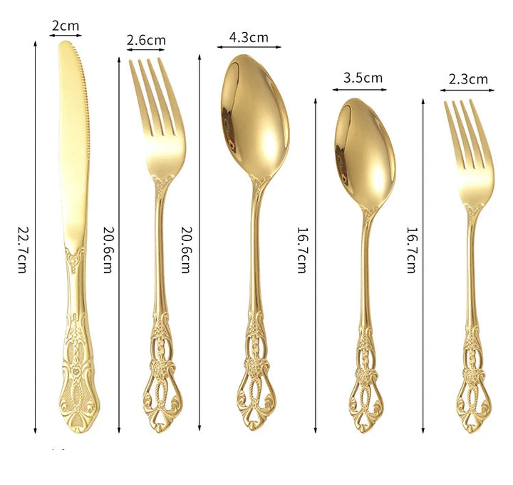 Conjunto de talheres de aço inoxidável dourado Royal European Colher Garfo Talheres completos Design retrô Lavável na máquina de lavar louça Talheres elegantes