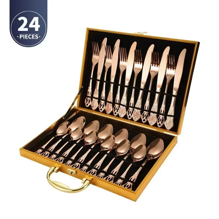 Conjunto de talheres de aço inoxidável dourado Royal European Colher Garfo Talheres completos Design retrô Lavável na máquina de lavar louça Talheres elegantes