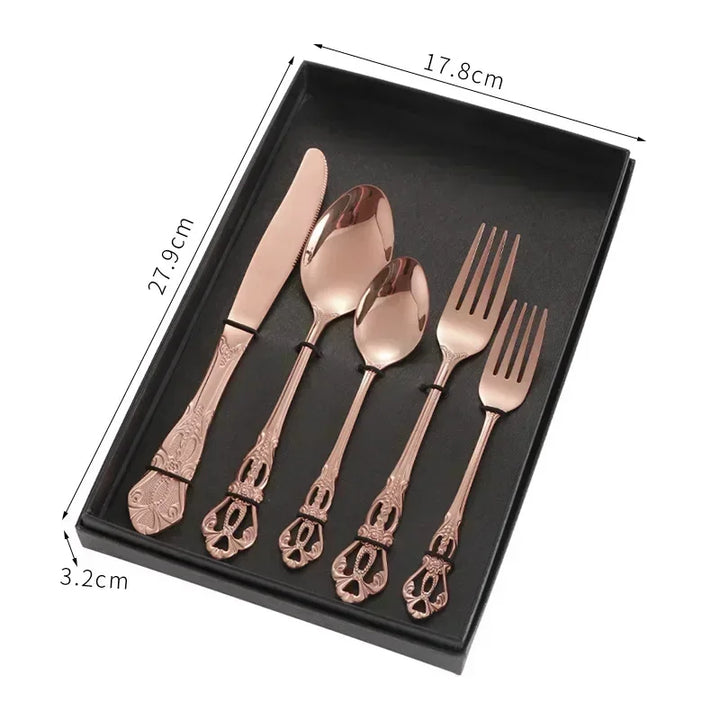 Conjunto de talheres de aço inoxidável dourado Royal European Colher Garfo Talheres completos Design retrô Lavável na máquina de lavar louça Talheres elegantes
