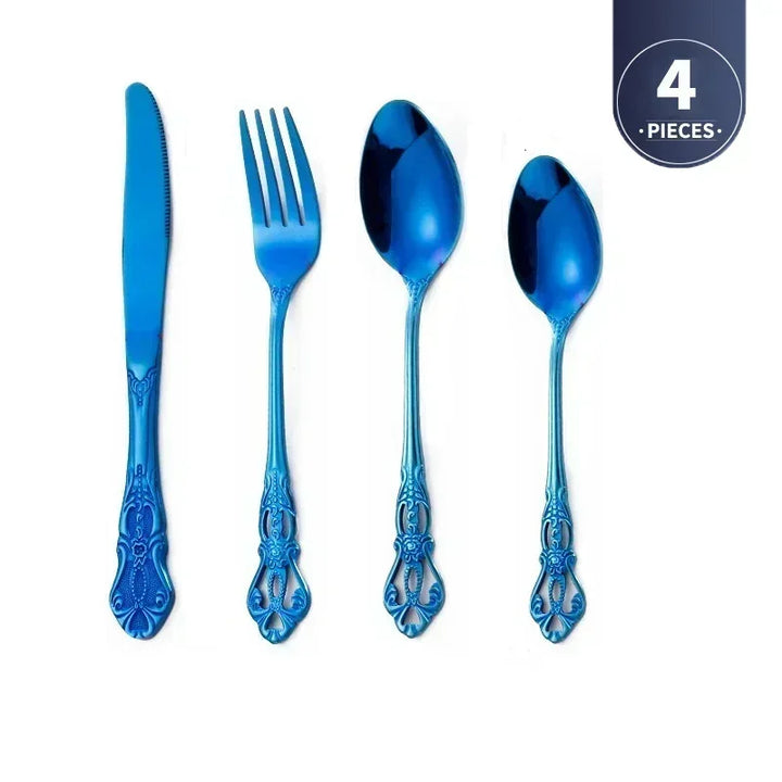 Conjunto de talheres de aço inoxidável dourado Royal European Colher Garfo Talheres completos Design retrô Lavável na máquina de lavar louça Talheres elegantes
