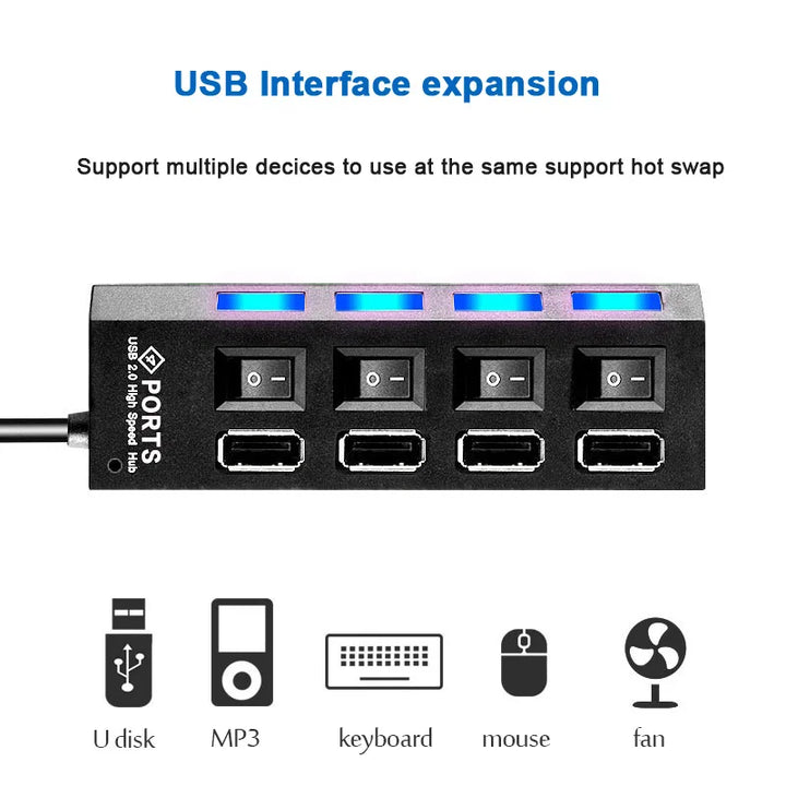 USB 2.0 Hub Multi USB Splitter Ports Hub Use Adaptador de Energia 4/7 Portas Hub Expansor Múltiplo com Switch 30CM Cabo Para Casa