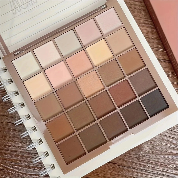 Paleta de sombras de 25 cores - tons neutros de cinza e marrom terrosos, estilo café e chocolate, cria uma aparência de maquiagem multifuncional que naturalmente combina com o teatro