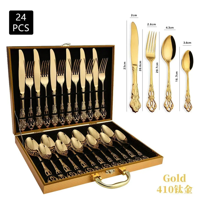 Conjunto de talheres de aço inoxidável dourado Royal European Colher Garfo Talheres completos Design retrô Lavável na máquina de lavar louça Talheres elegantes