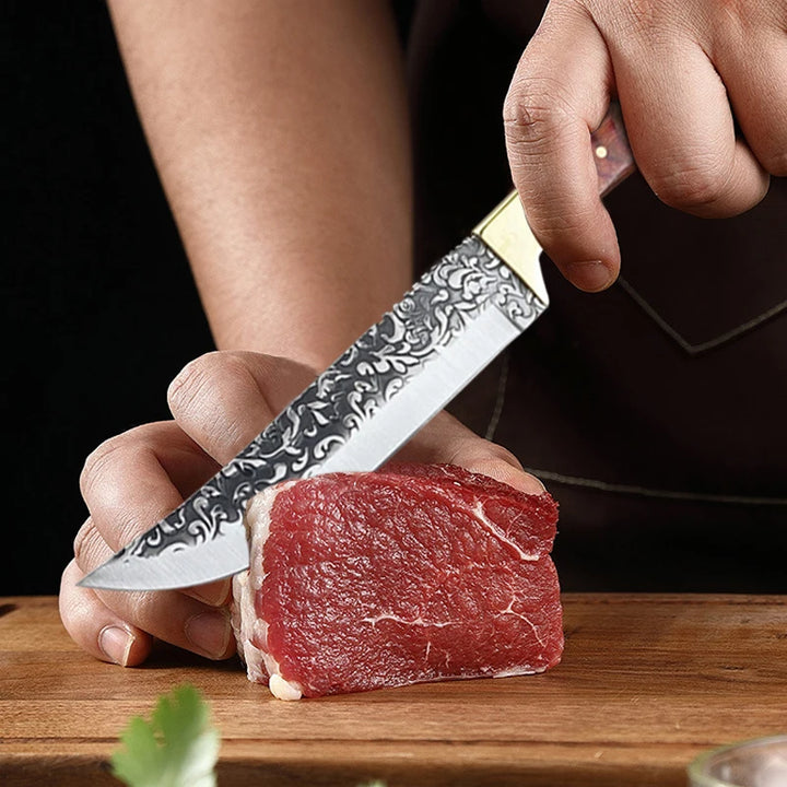 Faca de cutelo de carne de desossa forjada Faca de aço inoxidável Cozinha mongol Mão Faca de frutas Faca de bife de cordeiro assado com tampa