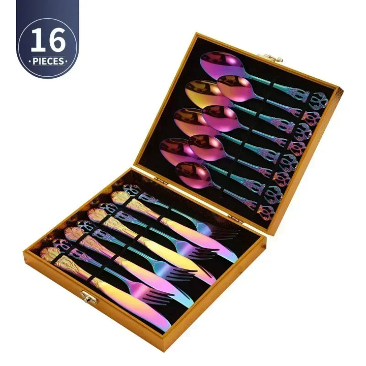Conjunto de talheres de aço inoxidável dourado Royal European Colher Garfo Talheres completos Design retrô Lavável na máquina de lavar louça Talheres elegantes