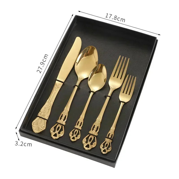 Conjunto de talheres de aço inoxidável dourado Royal European Colher Garfo Talheres completos Design retrô Lavável na máquina de lavar louça Talheres elegantes