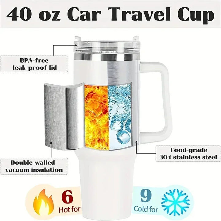 Garrafa de água de aço inoxidável de 40 onças, caneca de café para carro, copo personalizado com tampa de alça, canudo, copo térmico a vácuo