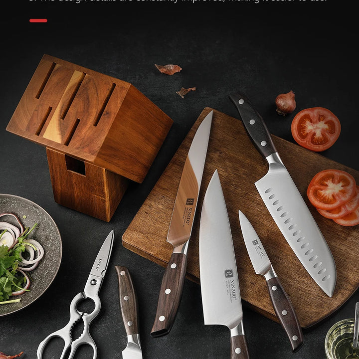 XINZUO 7PCS Conjunto de facas de cozinha forjadas alemãs 1.4116 Aço inoxidável Afiado Chef Santoku Cutelo Tesoura de cozinha Conjunto de ferramentas
